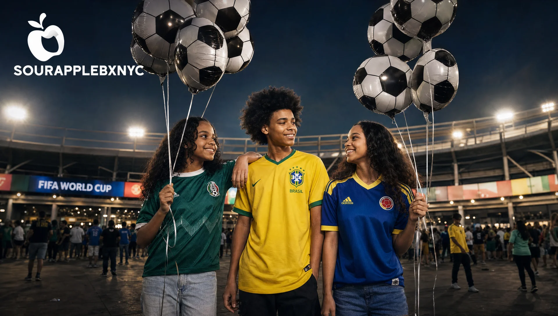 Young soccer fans in national team jerseys holding SourAppleBXNYC soccer-ball balloons at a World Cup stadium